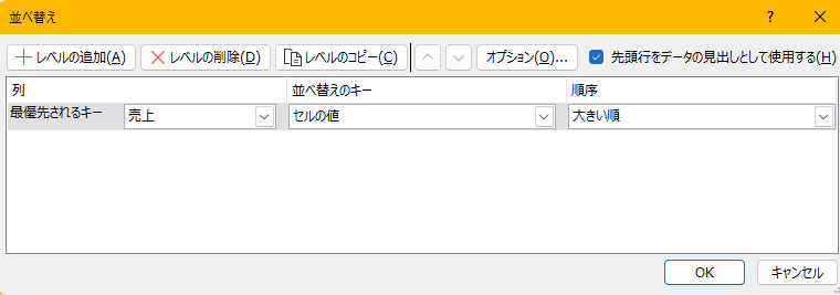 売上をセルの値で大きい順に並べ替える設定