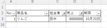 担当者が田中かつ売上が100000円以上の行だけを表示